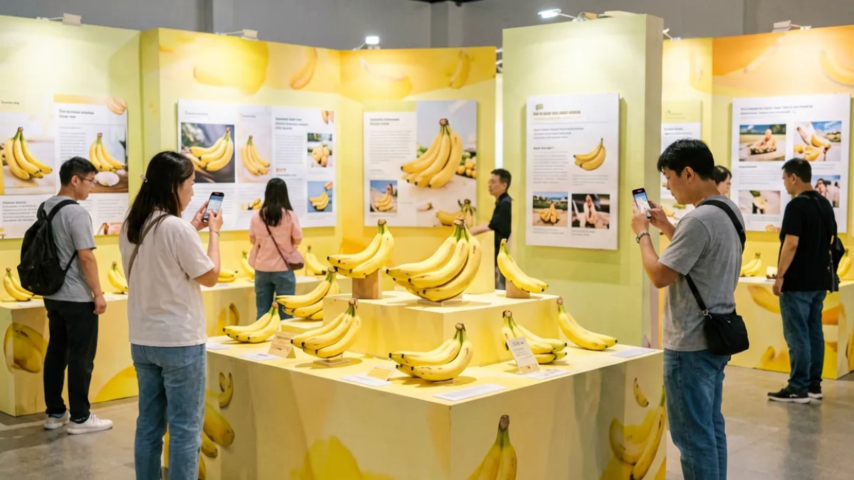 香蕉文化主题展览现场，大量展品陈列在黄色主题展台上，观众驻足拍照
