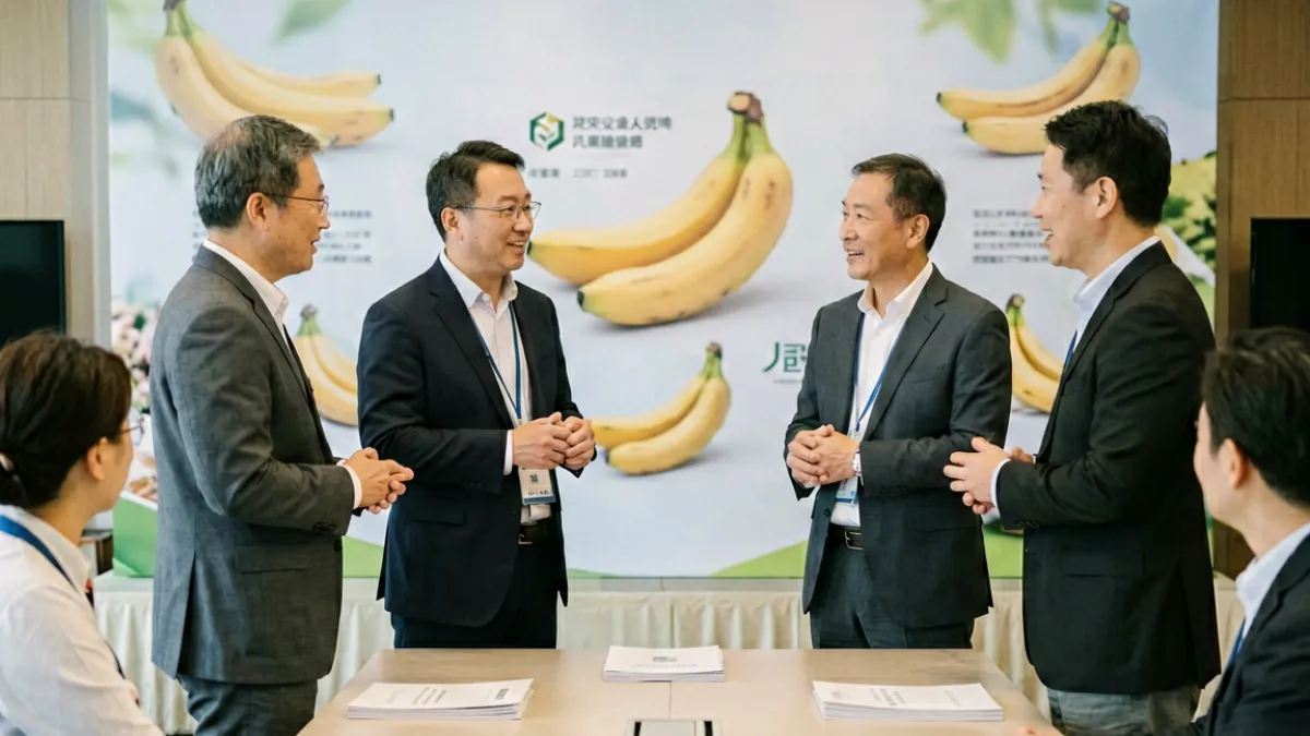 香蕉文化 - 海南香蕉产区协会白皮书发布会现场，与会嘉宾在展板前进行交流
