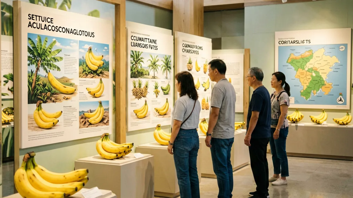香蕉文化主题展览现场，观众在展板前了解香蕉的历史起源与品种多样性
