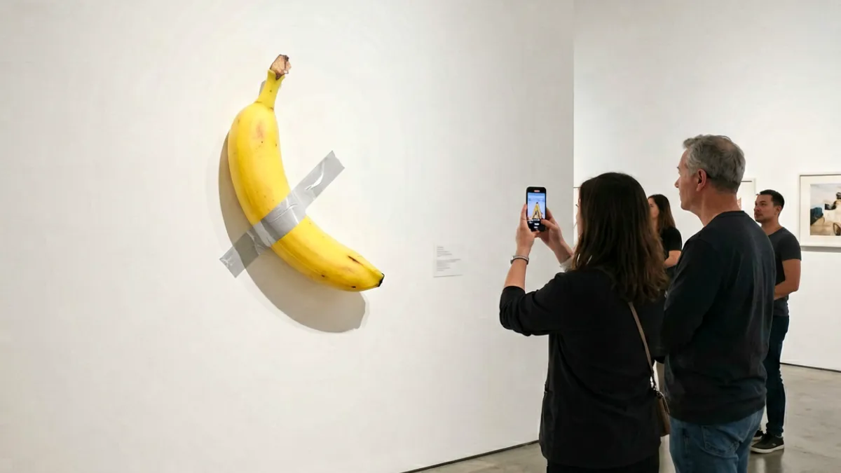 当代艺术展览现场一束真实香蕉被胶带贴在白墙上引发观众围观讨论的情形