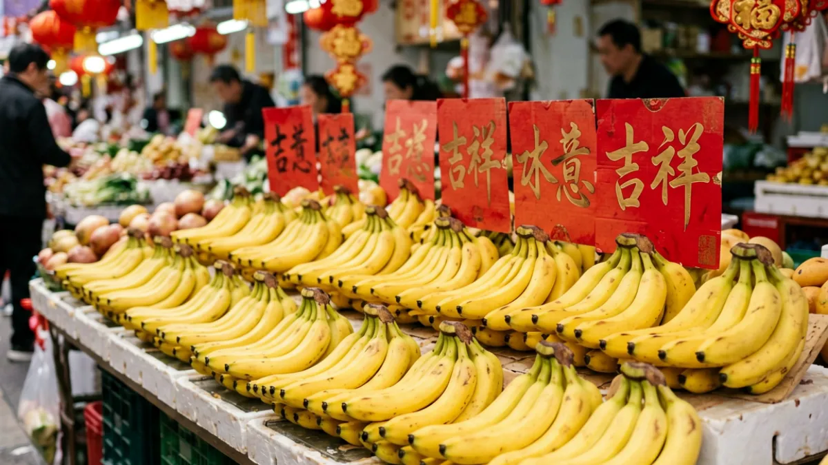 香蕉文化 - 中国南方农贸市场上摆放整齐的香蕉串旁边竖着红色吉祥寓意标牌的特写画面
