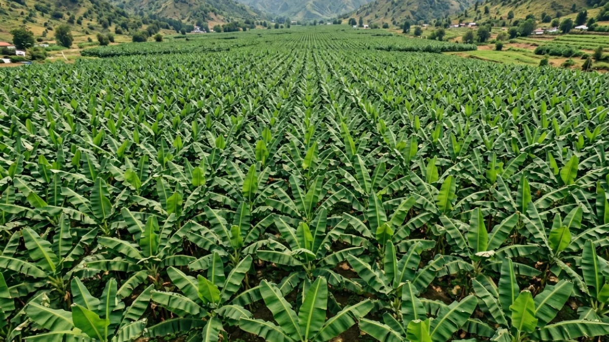 中美洲大型香蕉种植园鸟瞰图，大片整齐的香蕉植株延伸至地平线，显示出单一种植模式的规模